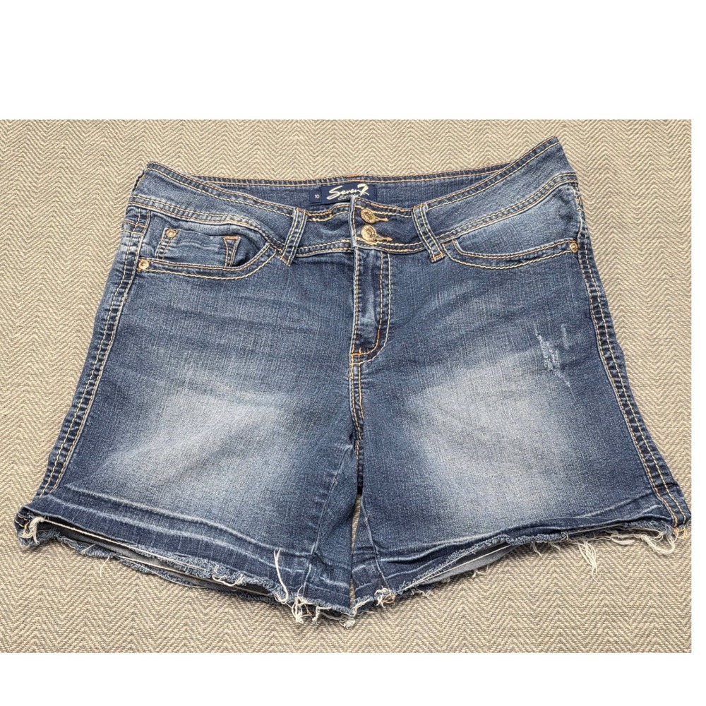 Seven7 Womens Blue Denim Shorts Size 10 Double Button Frayed Hem Embroidered